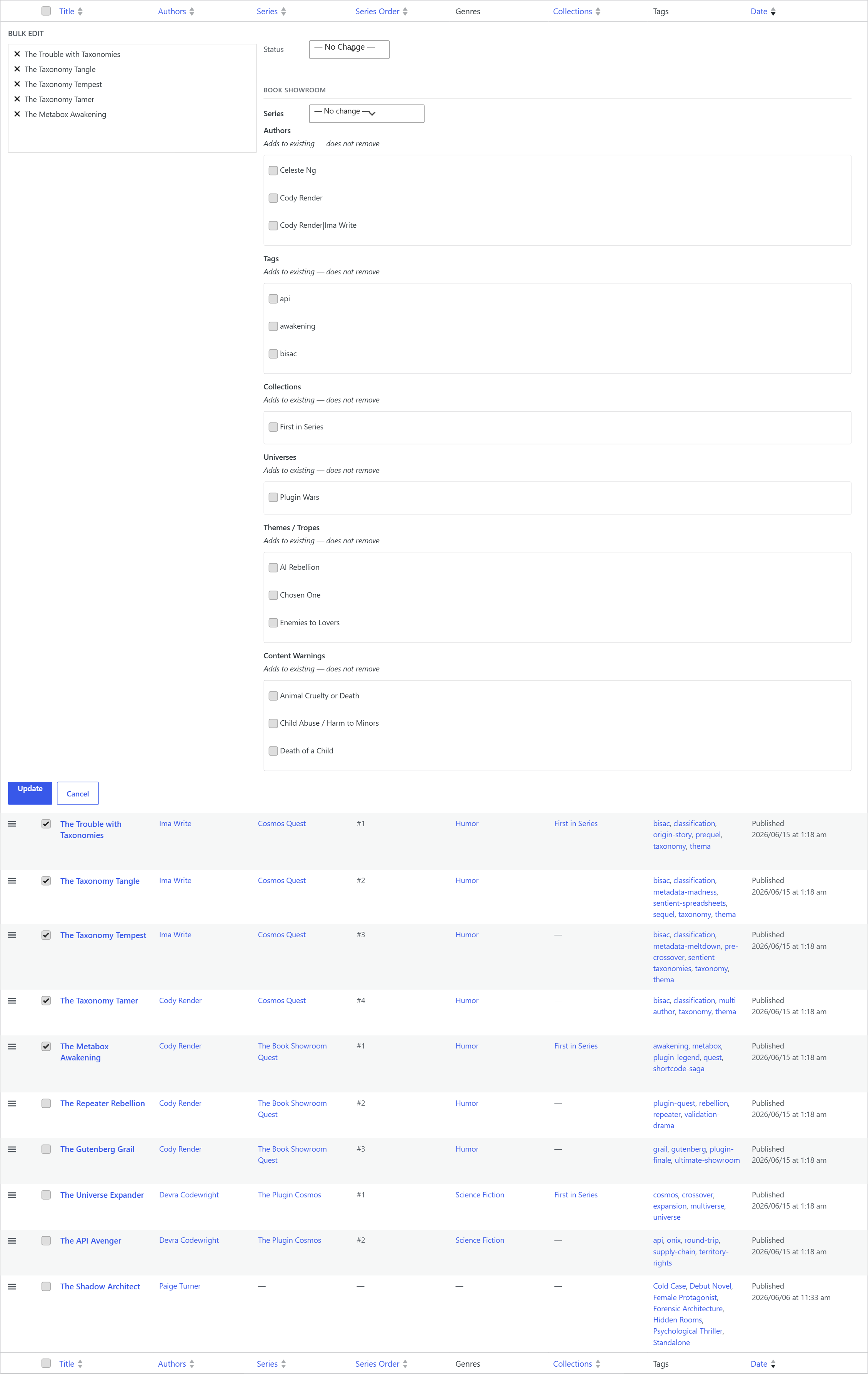All Books list with several draft books checked and the Bulk Actions Edit panel open