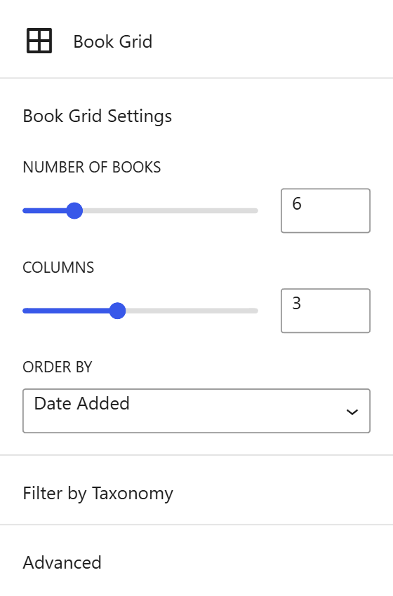 Editor sidebar showing the settings panel for a Book Grid block
