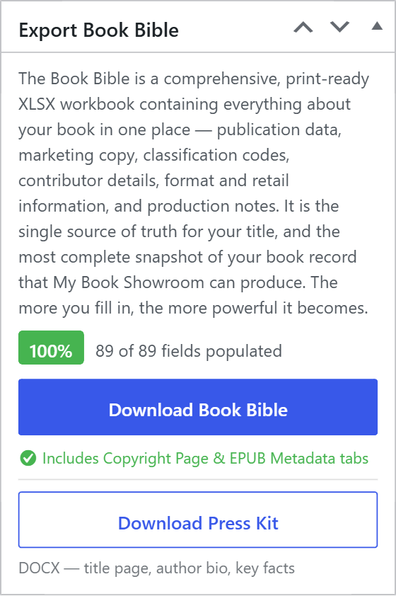 Book Bible metabox PUB note confirming Copyright Page and EPUB Metadata tabs