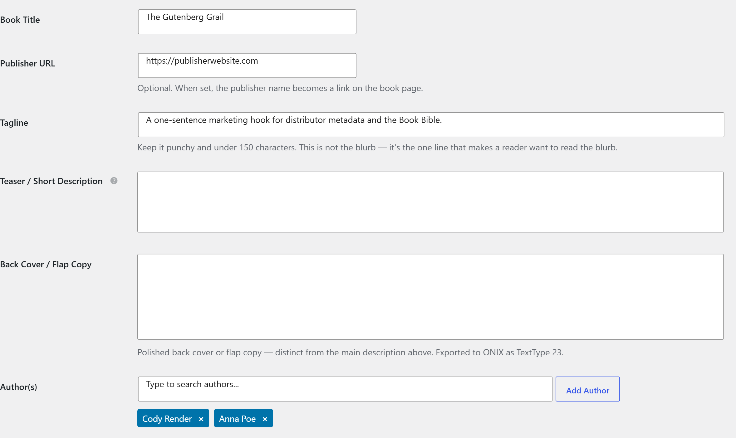 Book Header metabox Author field with two author terms entered for a co-authored book