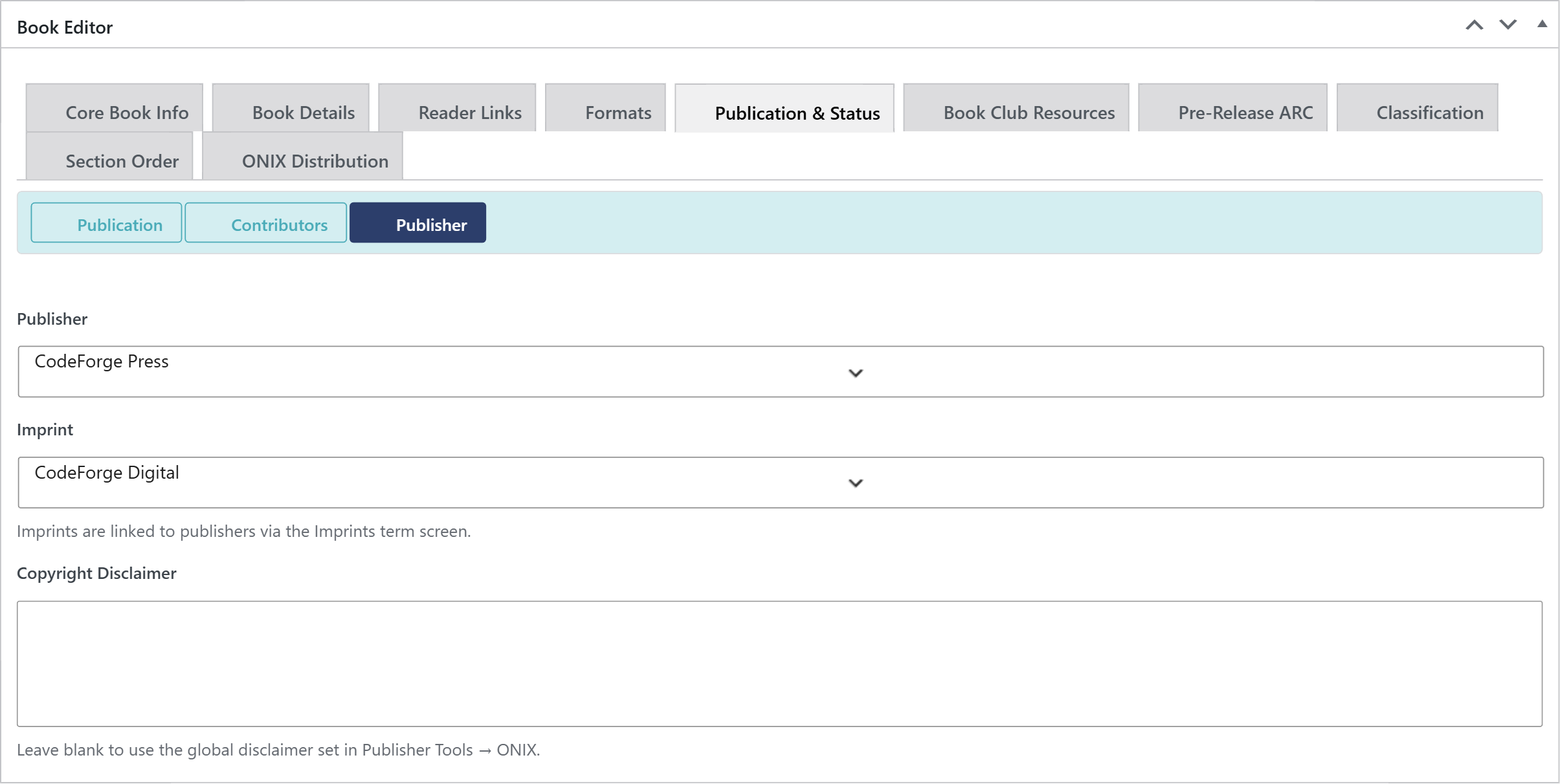 Publisher and Imprint metabox on the book editor screen with both dropdowns filled
