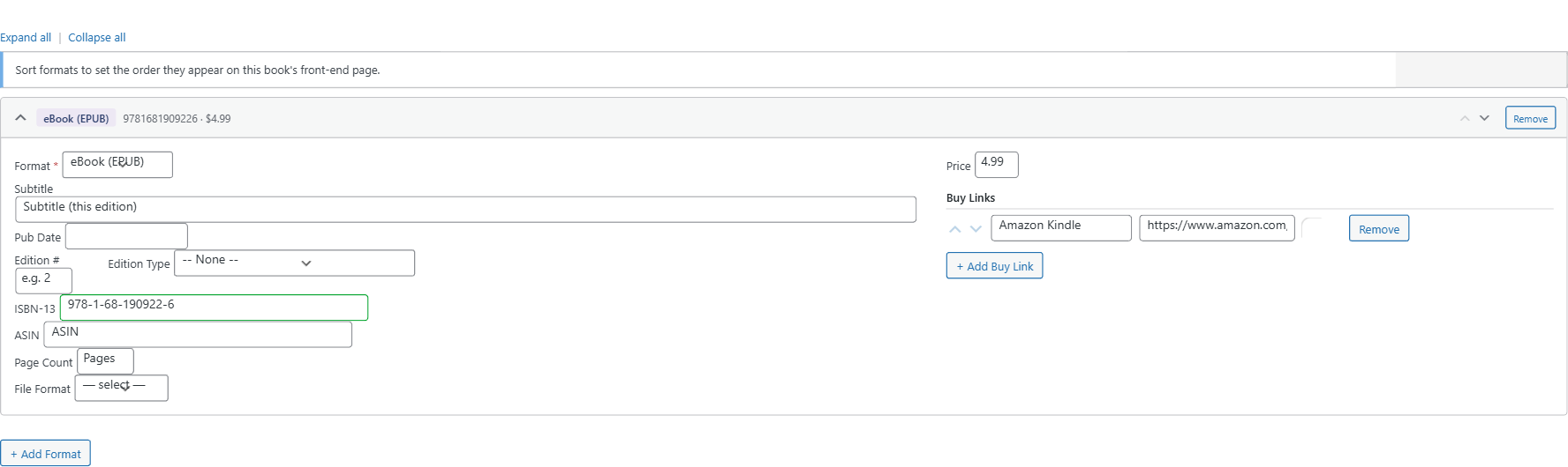 Formats tab with one complete format row expanded showing Format, Price, and Buy Link fields