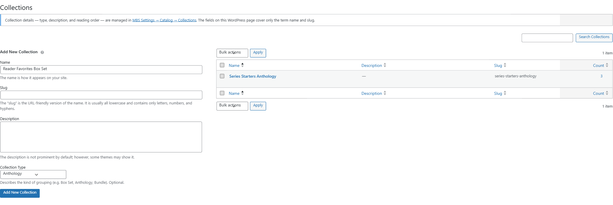 Settings Collections tab showing Add New Collection form with Collection Type dropdown open