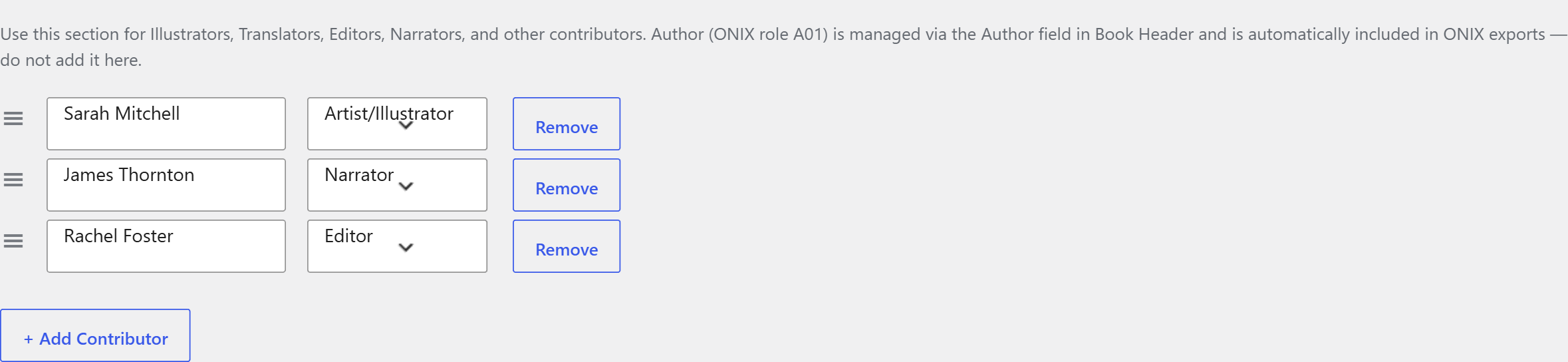 Contributors metabox with illustrator, narrator, and editor rows
