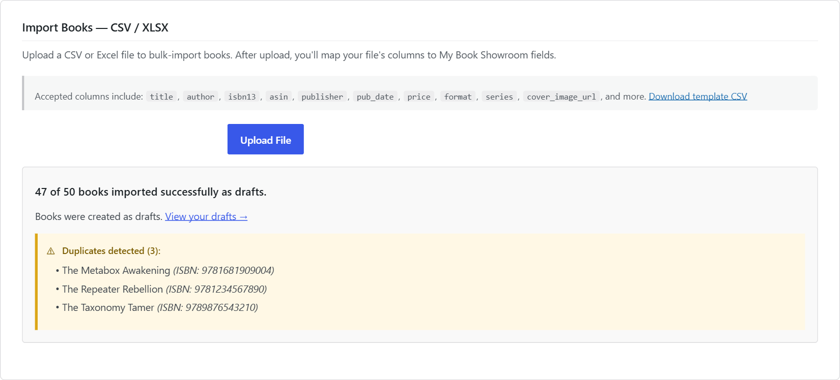 CSV import confirmation message showing 47 books created as drafts and 3 skipped