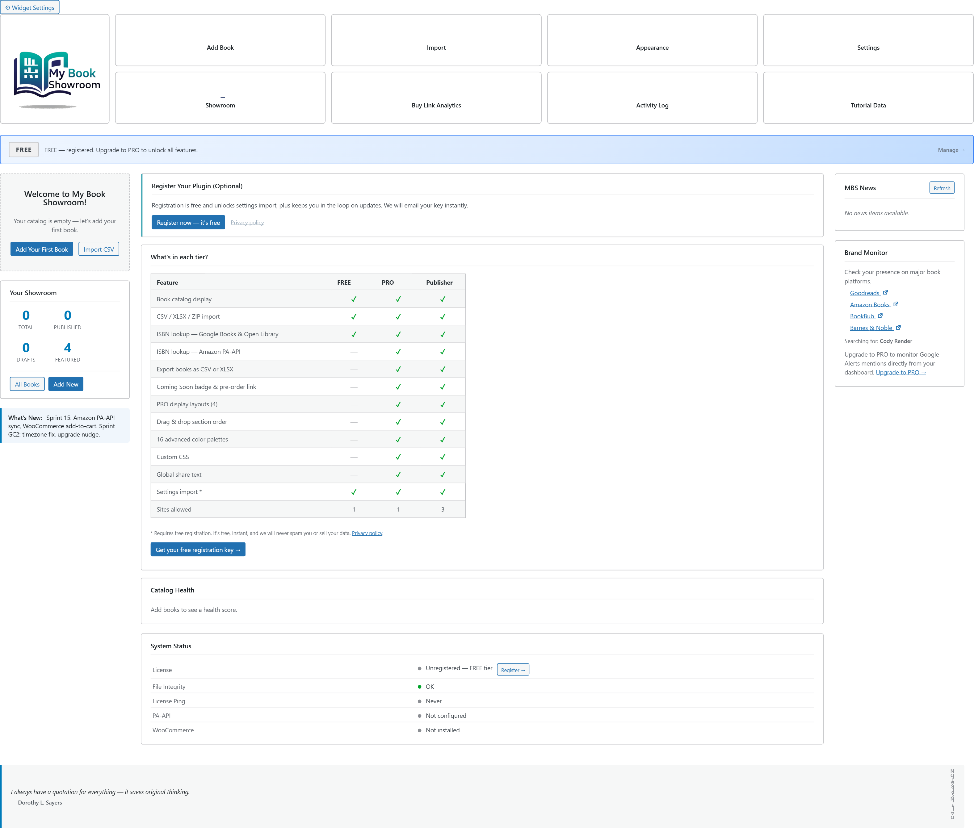 Full MBS dashboard after tutorial catalog install &mdash; stats, health score, and system status all populated