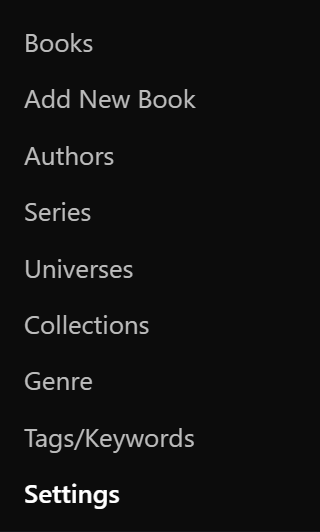 Books submenu showing the Genres and Tags items