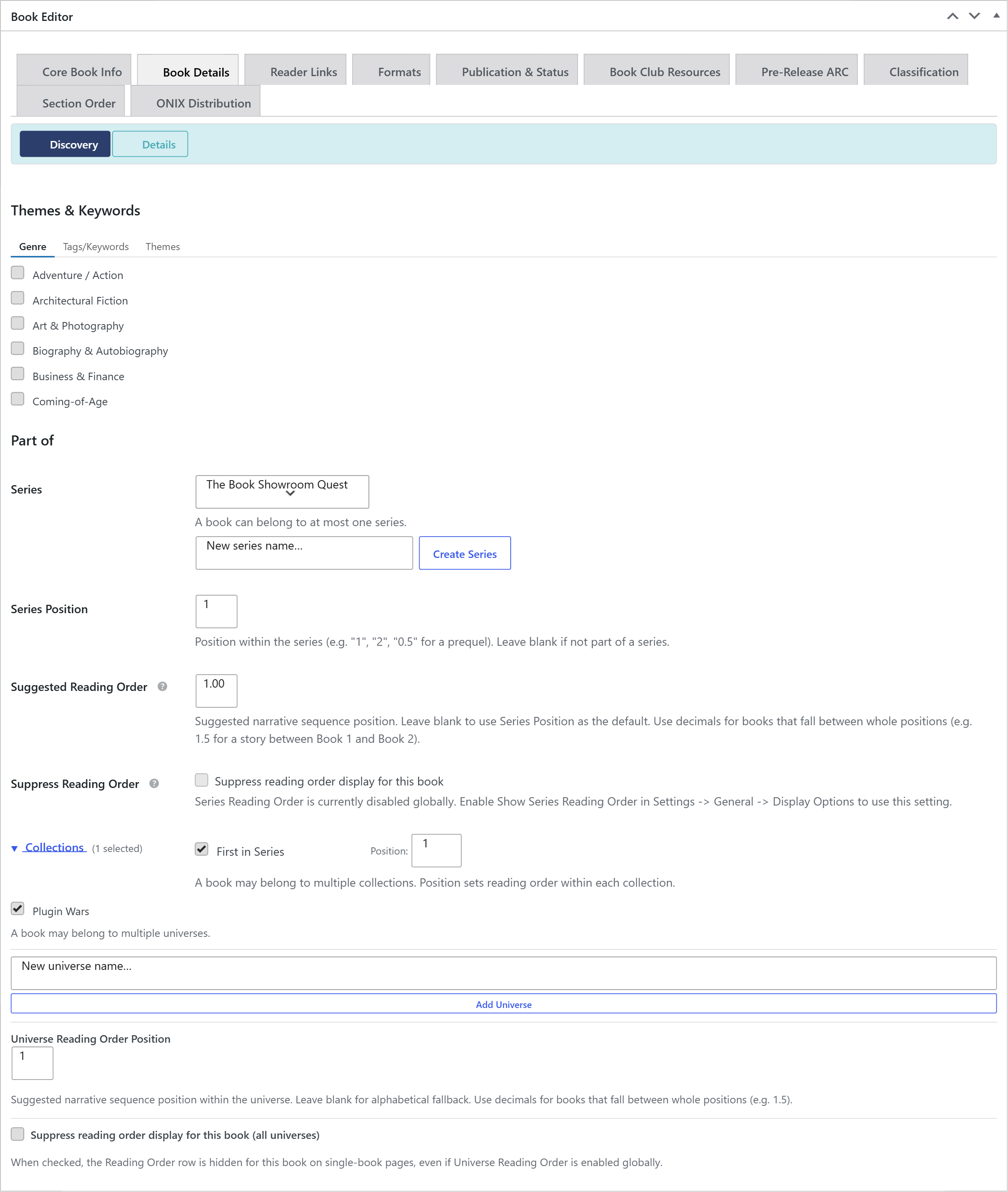 Book editor Book Details tab with the Discovery sub-section open
