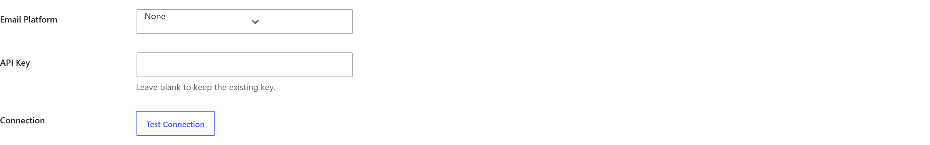Email platform dropdown, API key, and Test Connection