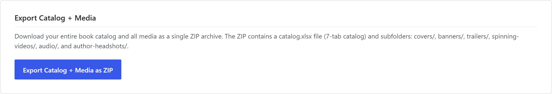 Export Catalog + Media panel with the export button