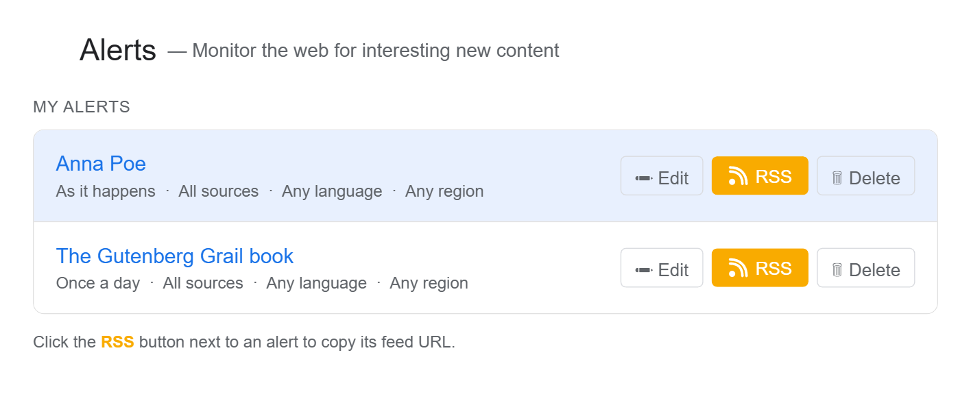 Google Alerts page showing an alert with the RSS icon next to it