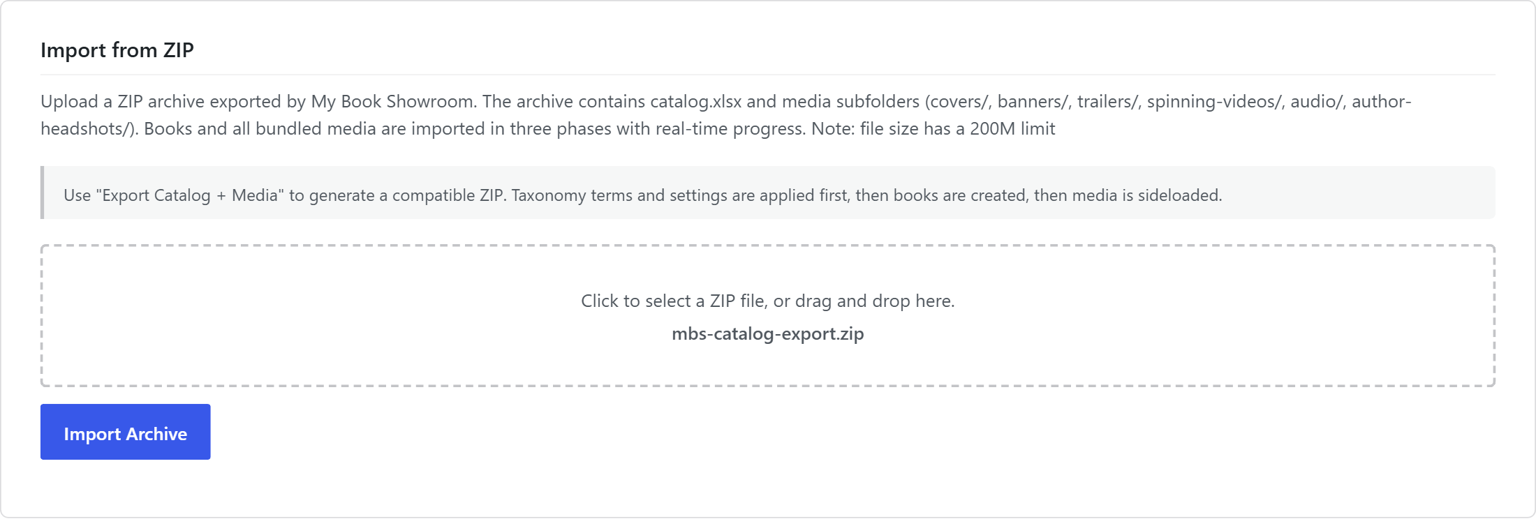 Import from ZIP drop zone with a selected archive ready to import