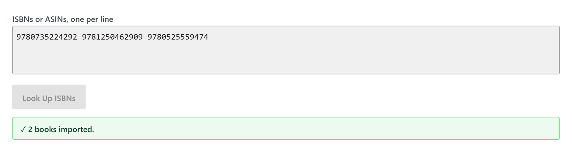 Import confirmation message showing five books created as drafts with a link to view them