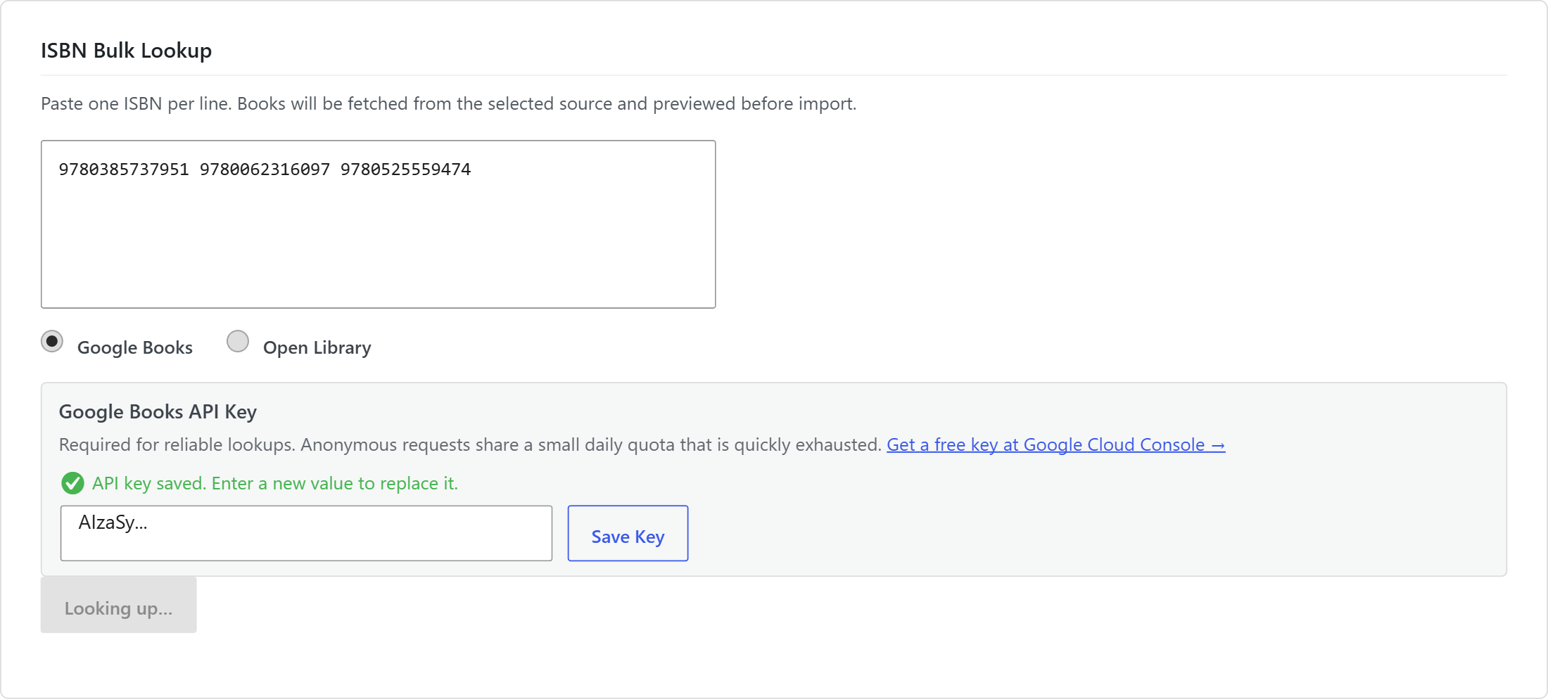Import Export tab showing a loading indicator while the ISBN lookup query runs