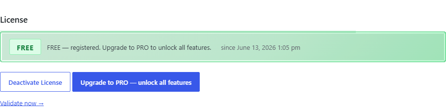 License tab showing the FREE Active status hero