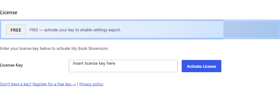 Settings License tab with the license key field empty and the Activate button visible