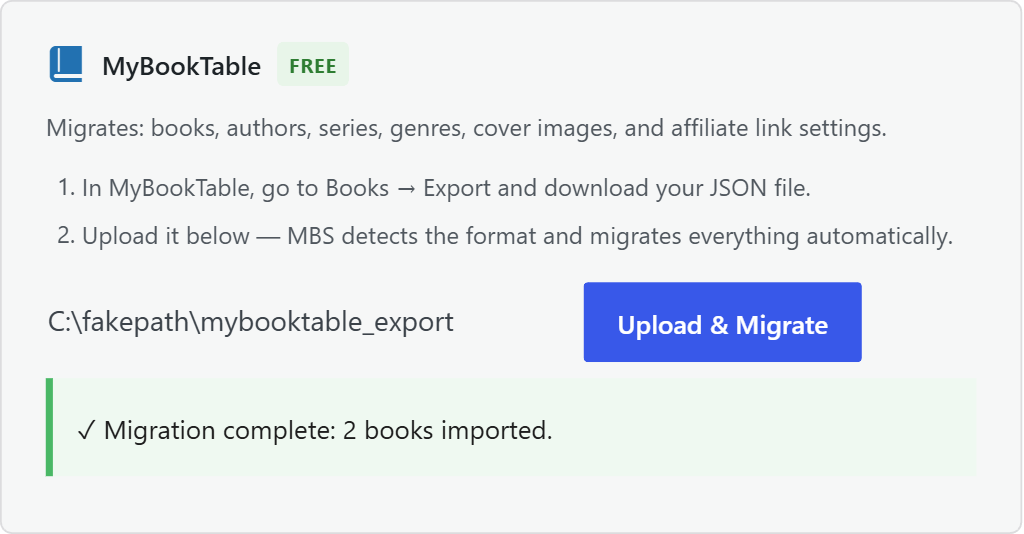 MyBookTable migration complete with import counts