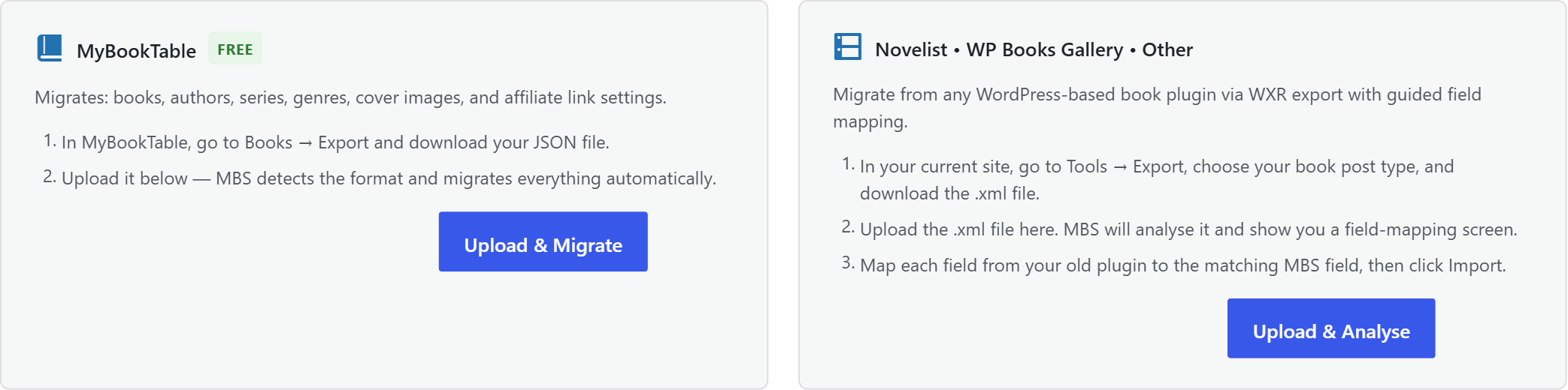 Migrate panel showing the MyBookTable path on the left and the WXR path on the right, side by side