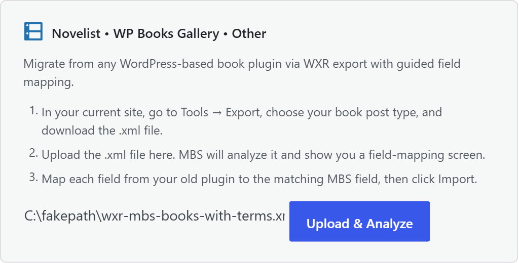 WXR upload area with a chosen .xml file ready and the Upload and Analyze button