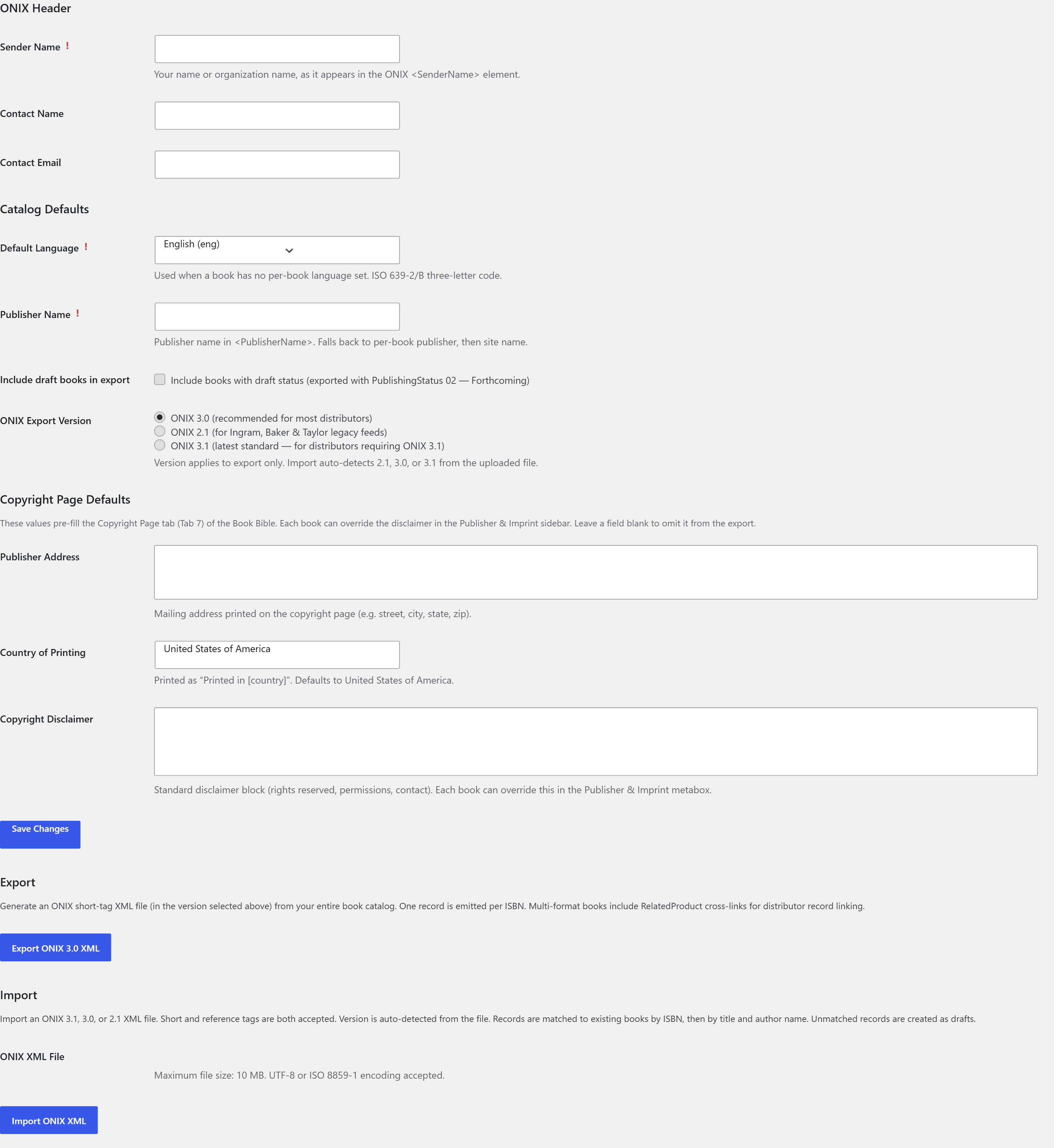 ONIX settings tab on a Publisher install