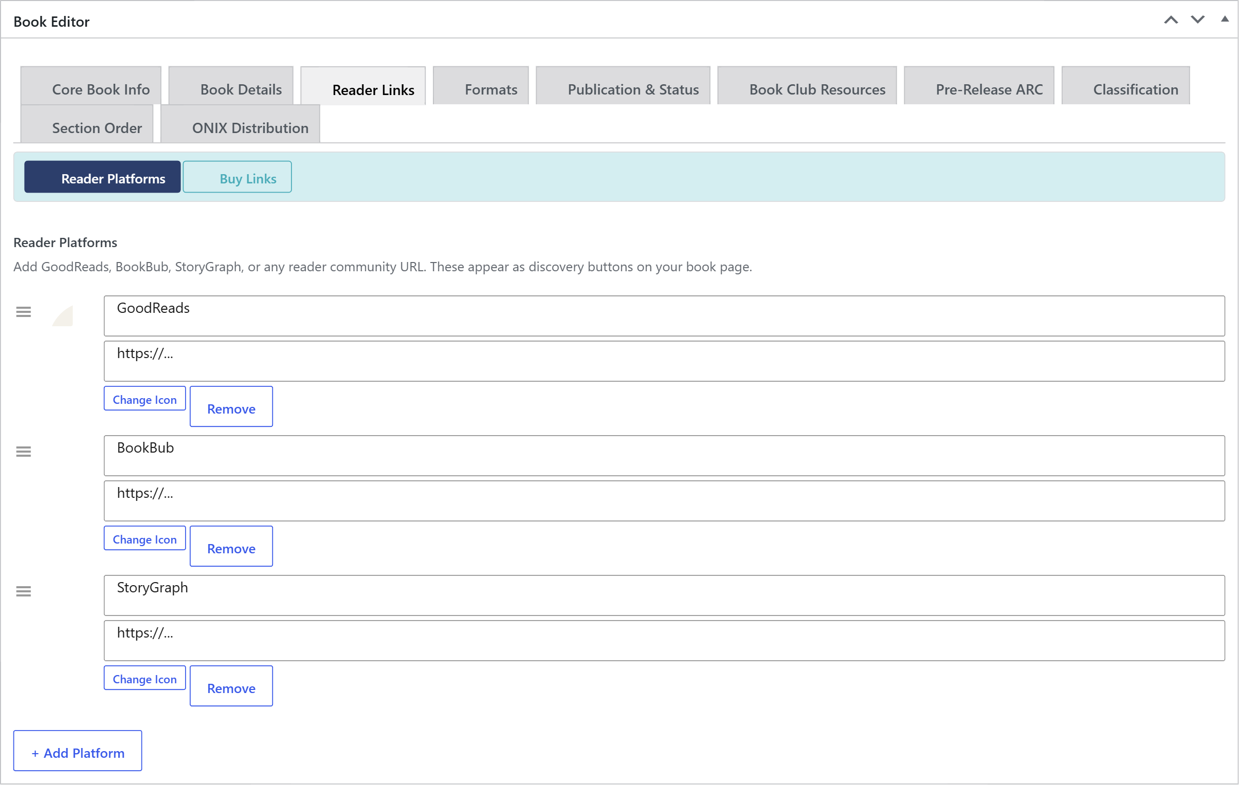 Reader Platforms repeater with Goodreads, BookBub, and StoryGraph URL fields