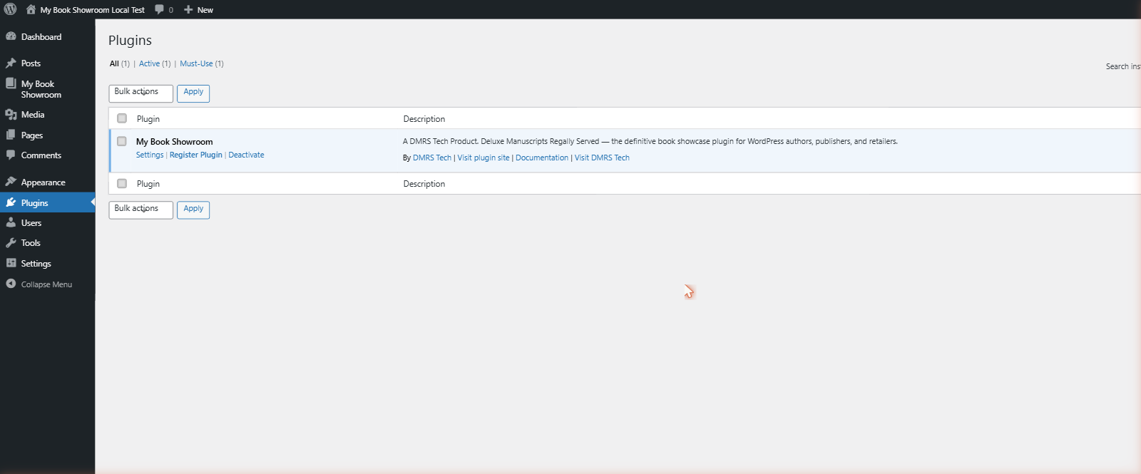 Plugins page after activation &mdash; Settings, Register Plugin, and Deactivate links visible