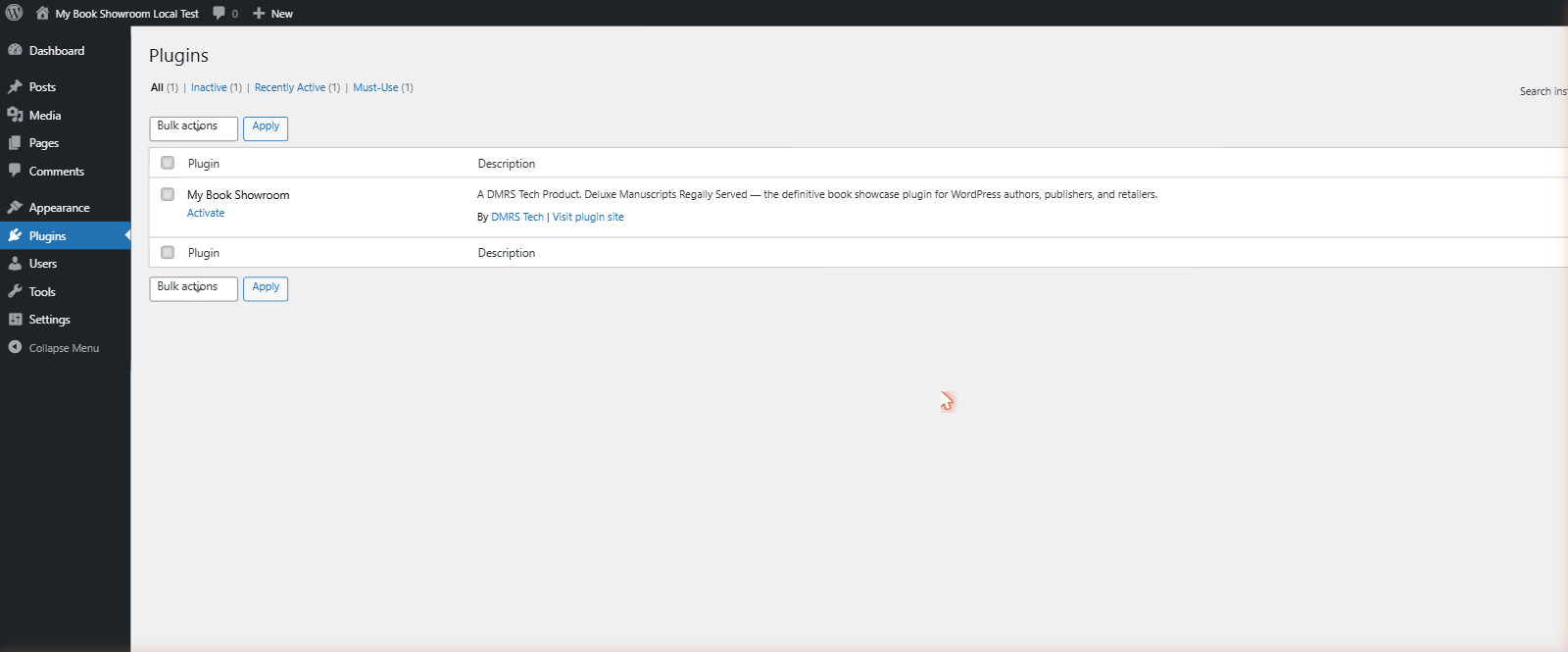 Plugins page showing My Book Showroom listed but not yet activated