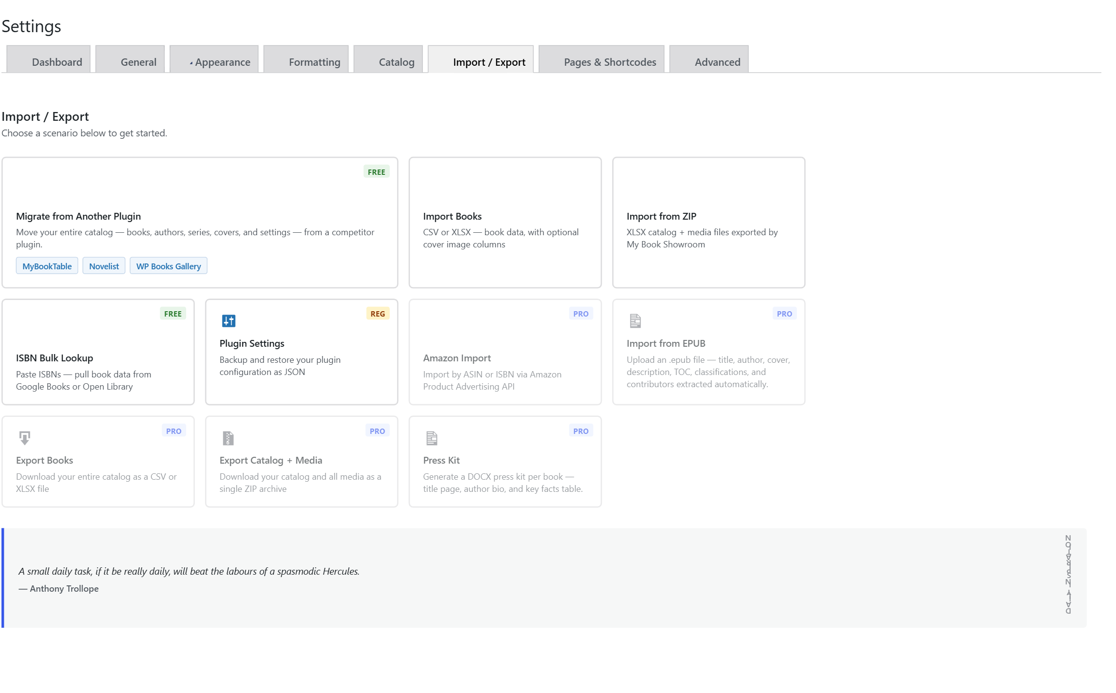 My Book Showroom Settings page with the Import Export tab active