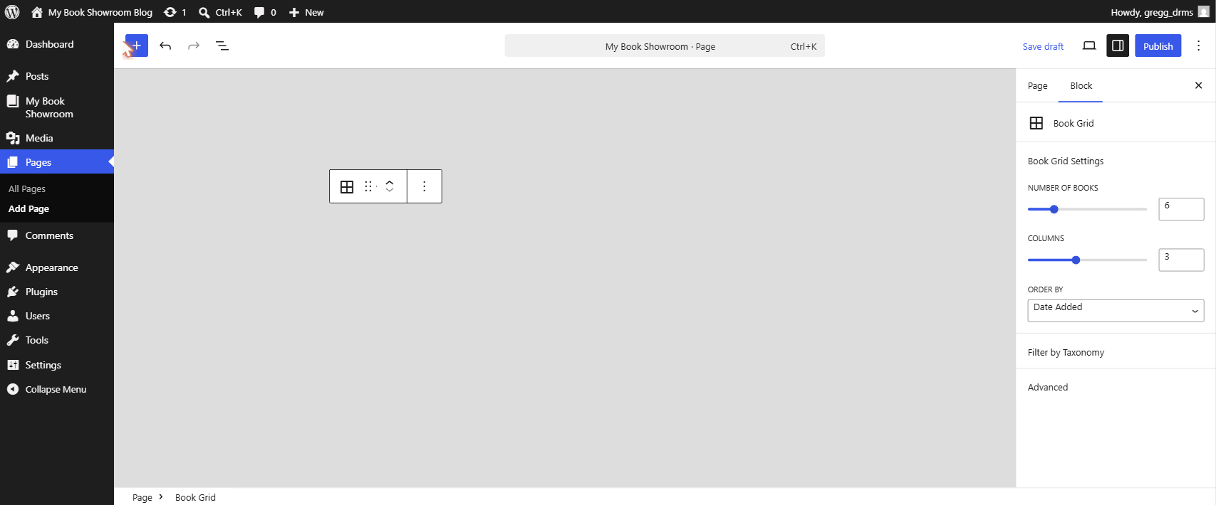 Block editor with a Shortcode block selected and mbs_showroom typed inside it
